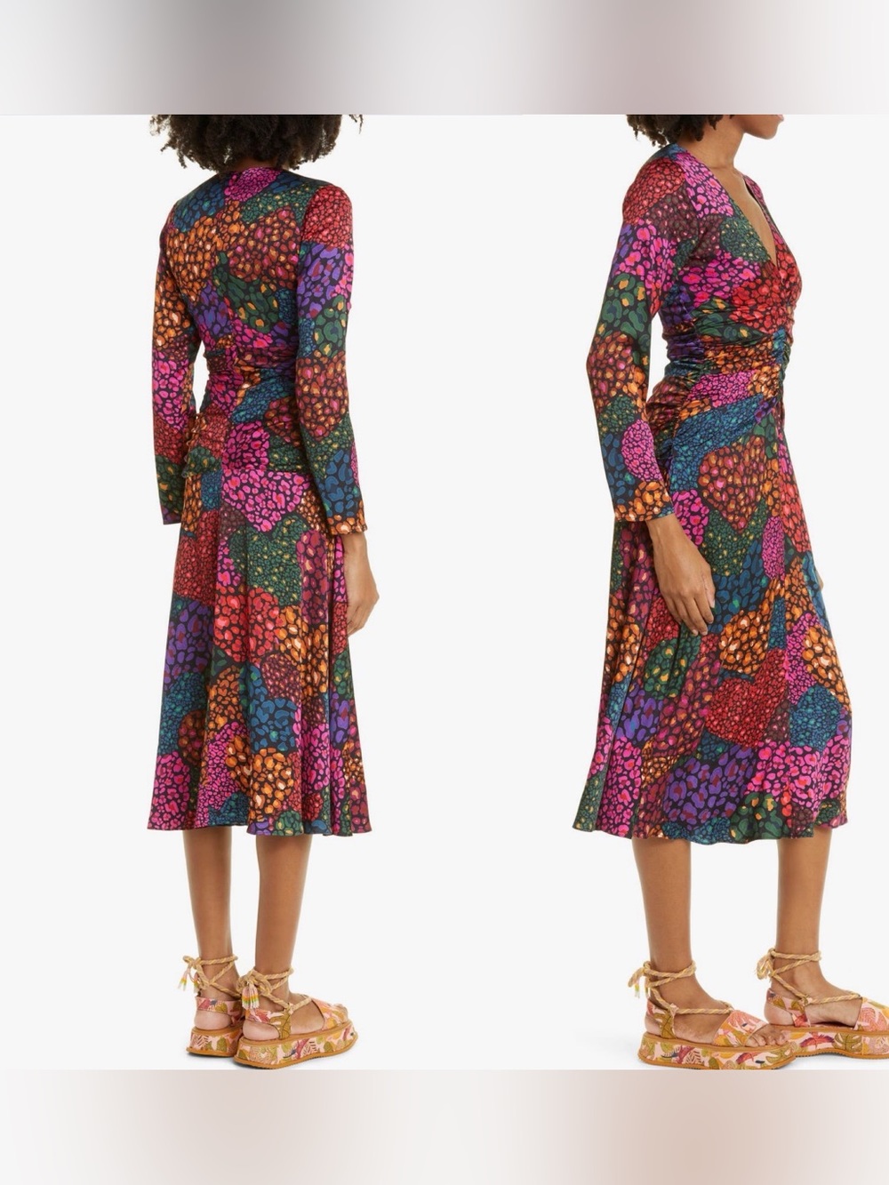 Farm rio Rainbow Hearts Ruched Long sleeve midi dress